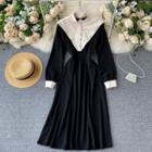 Stand-collar Color Panel Long-sleeve Dress