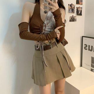 Halter-neck Tie-dyed Panel Top / Pleated A-line Skirt / Arm Sleeves / Belt / Set