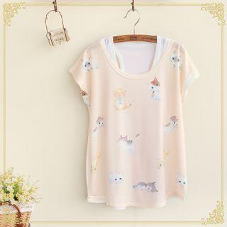 Set: Cat Print Short-sleeve T-shirt + Tank Top