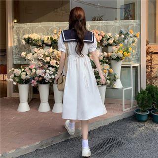 Sailor-collar Lace-up Dress White - One Size