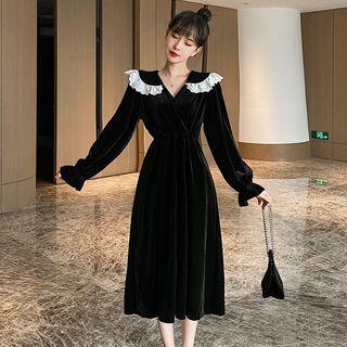 Lace Collar Long-sleeve Velvet Midi A-line Dress