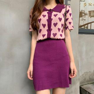 Set: Heart Print Short Sleeve Top / Skirt Purple - One Size