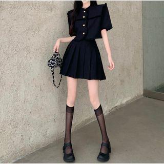 Set: Short-sleeve Button Jacket + Pleated Skirt
