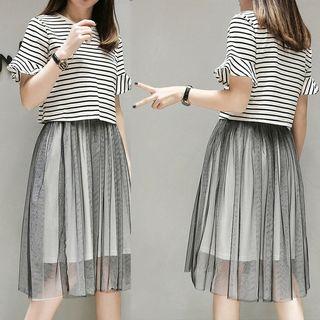 Set: Striped Short-sleeve T-shirt + Mesh Strappy Dress