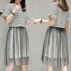 Set: Striped Short-sleeve T-shirt + Mesh Strappy Dress