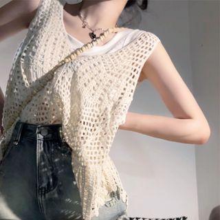 Plain Tank Top / Knit Tank Top / High-waist Washed Wide Leg Shorts