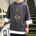 Printed Mock Two-piece Hooded 3/4-sleeve T-shirt