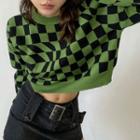 Plaid Round Neck Long Sleeve Knit Top
