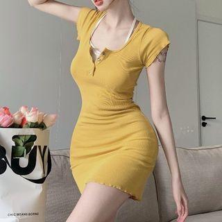 Cap-sleeve Plain Mini Dress Yellow - One Size