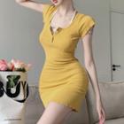 Cap-sleeve Plain Mini Dress Yellow - One Size