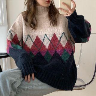 Mock-neck Argyle Sweater White - One Size