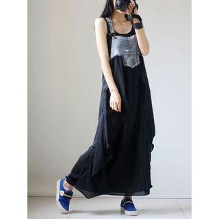 Asymmetric Chiffon Paneled Midi Denim Dungaree Dress
