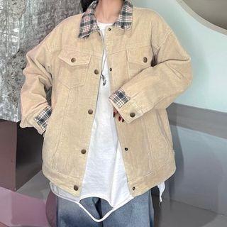Plaid Panel Corduroy Button-up Jacket