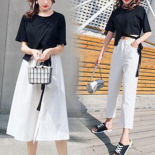 Set: Crew-neck Short-sleeve T-shirt + High Waist A-line Skirt / Set: Crew-neck Short-sleeve T-shirt + Cropped Pants