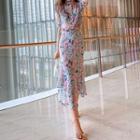 Short-sleeve Floral Print Chiffon Blouse / A-line Midi Skirt / Set