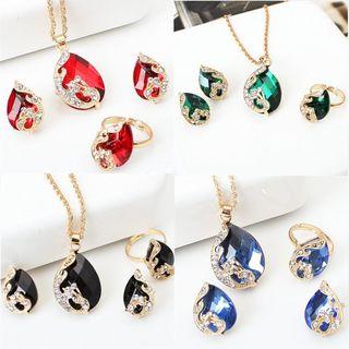 Set: Glass Drop Pendant Necklace + Earring + Ring
