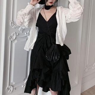 Spaghetti Strap Irregular Midi A-line Dress / Shirred Light Jacket
