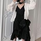 Spaghetti Strap Irregular Midi A-line Dress / Shirred Light Jacket