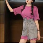 Short-sleeve Lettering Long T-shirt / Denim Mini Skirt