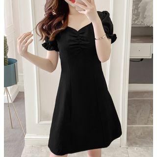 Puff-sleeve Plain Bow Back Mini Dress