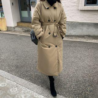 Double-breasted Long Padded Coat With Belt