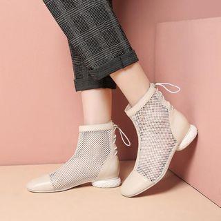 Genuine Leather Block Heel Mesh Short Boots