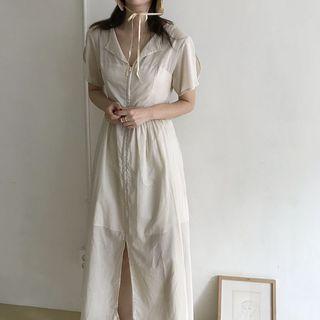 Short-sleeve Midi Shirtdress Beige - One Size