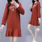Mock Two-piece Long-sleeve Embroidered Frill Trim Dress