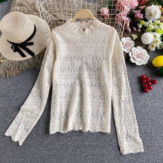 Mock-neck Long-sleeve Lace Top Off-white - One Size