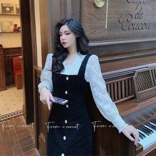 Lace Ruffle Shirt Dress / Single Breasted A-line Dress