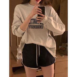 Long Sleeve Round Neck Letter Print Sweatshirt/ Contrast Trim Sport Shorts