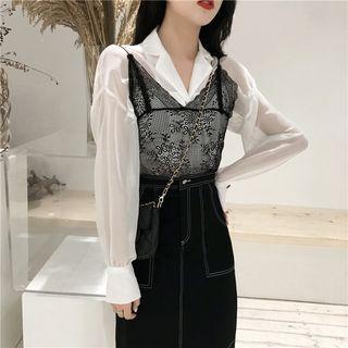 Plain See-through Long-sleeve Loose-fit Shirt + Lace Camisole Top