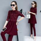 Set: Long-sleeve Paneled Long Top + Slim-fit Pants