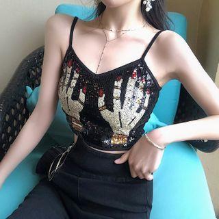 Sleeveless Sequined Cropped Top Black - One Size
