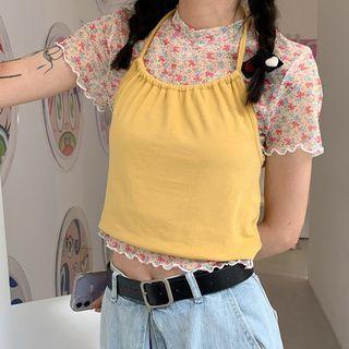 Bow Print Short-sleeve T-shirt / Plain Halter Top