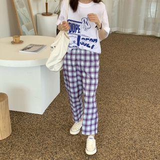 Short-sleeve Smiley Face Print T-shirt / Gingham Straight-cut Pants