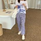 Short-sleeve Smiley Face Print T-shirt / Gingham Straight-cut Pants