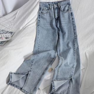 Slit-hem Washed Straight Leg Jeans