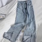 Slit-hem Washed Straight Leg Jeans