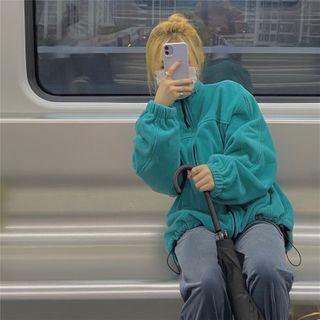 Long-sleeve Stand Collared Plain Zipped Jacket Aqua Blue - One Size