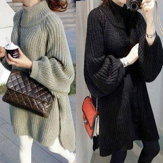 Mock-neck Slit-side Long Sweater