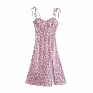 Floral Tie-strap Slit A-line Dress