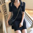 Short-sleeve Collar Mini A-line Knit Dress