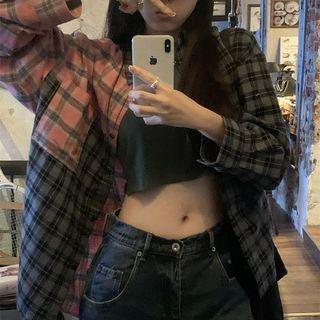 Long-sleeve Plaid Panel Shirt Plaid - One Size
