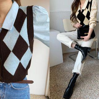 Set: Button-up Argyle Knit Vest + Puff-sleeve Shirt