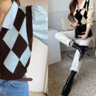 Set: Button-up Argyle Knit Vest + Puff-sleeve Shirt