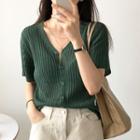 Button Short-sleeve Knit Top Grass Green - One Size