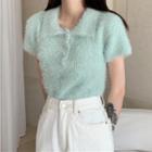 Short-sleeve Polo Knit Top Green - One Size