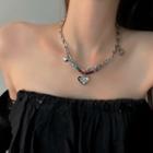 Layered Beaded Chain Necklace Necklace - Love Heart & Beaded - Silver - One Size