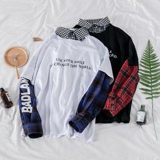 Check Panel Long Sleeve Mock Two Piece Top